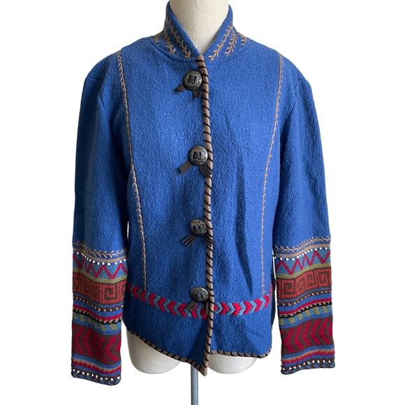 ColdWater Creek Artisan Blue Wool Western Jacket Boho Embroidered Southwestern - Picture 2 of 9